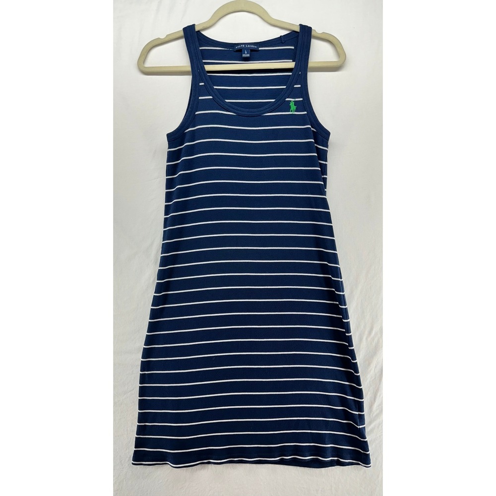 Ralph Lauren Navy Blue White Striped Pima Cotton Ribbed Tank Dress Large